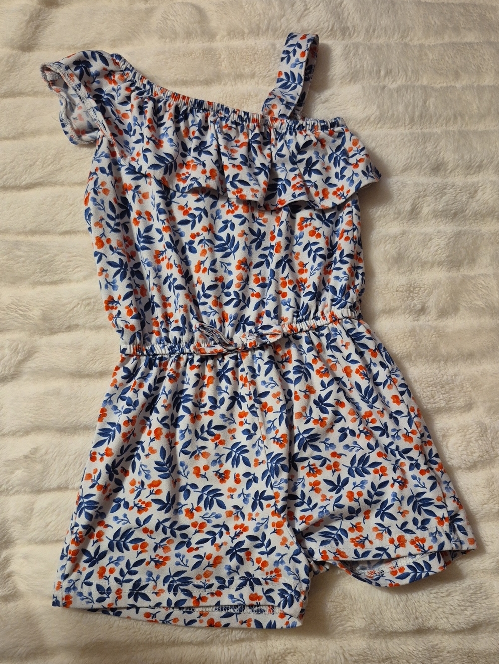 Girls' White One-Shoulder Floral Romper with Blue & Orange Print